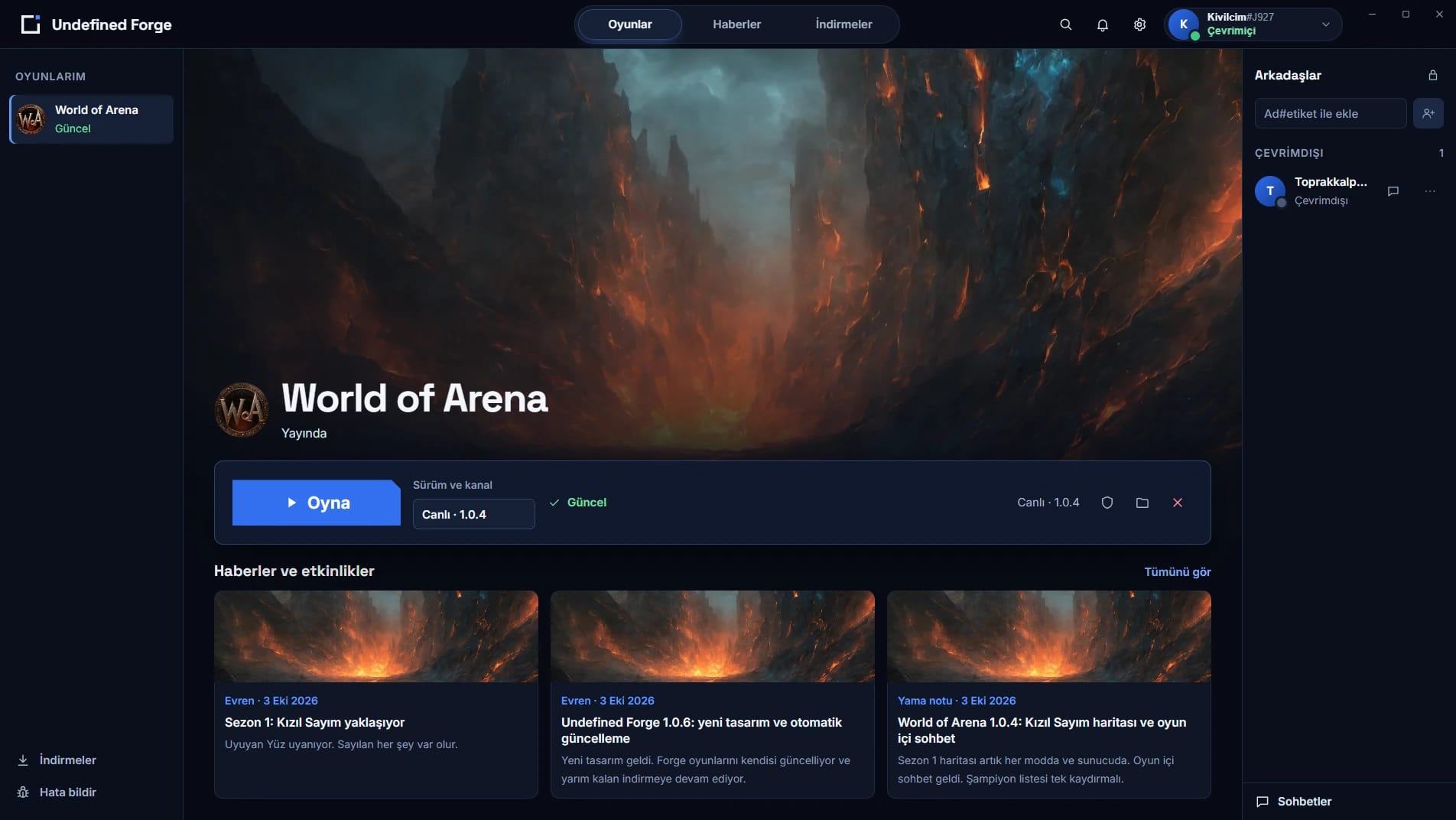 Undefined Forge 1.0.7: World of Arena sayfası ve Oyna düğmesi