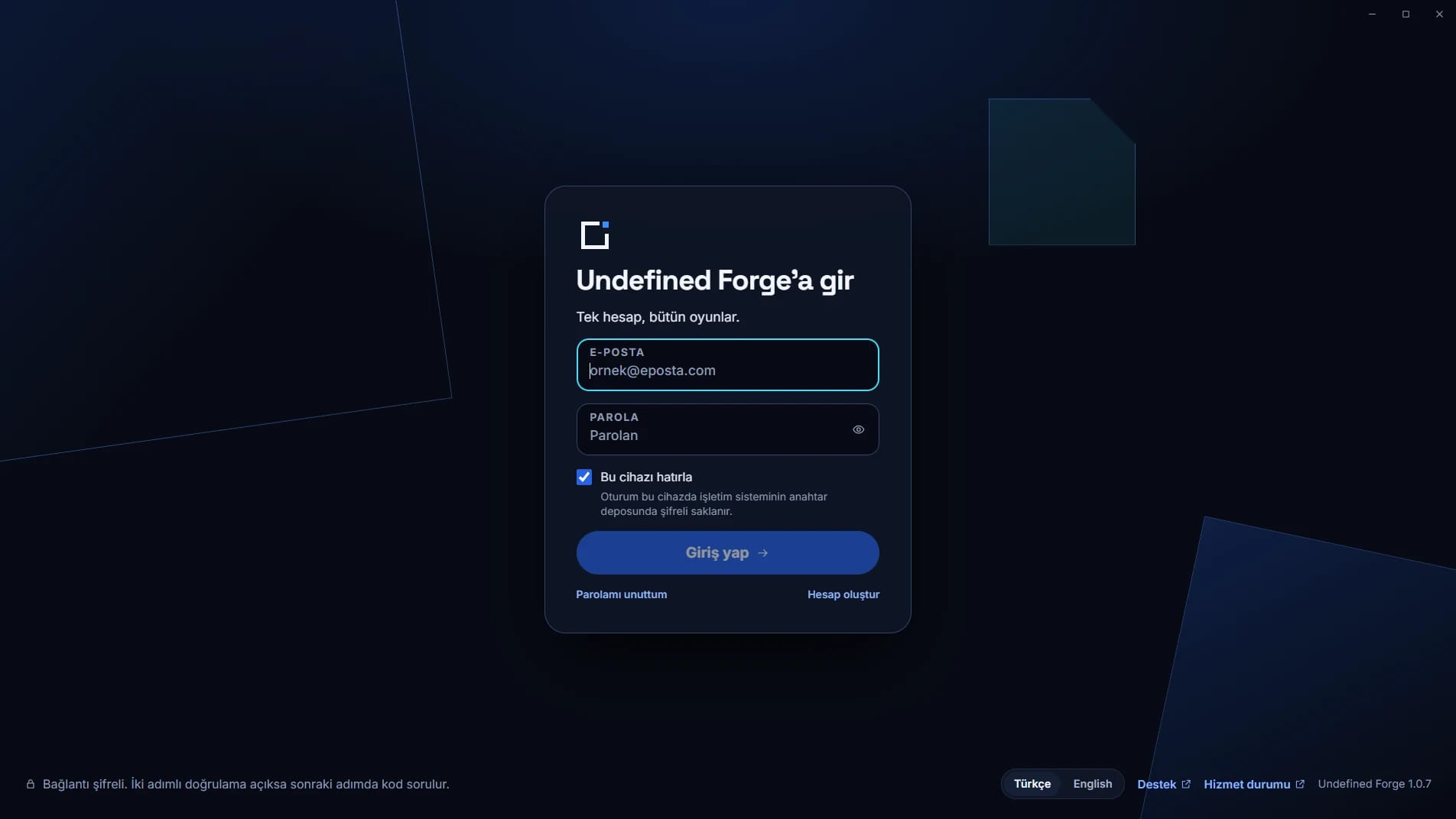 Undefined Forge giriş ekranı