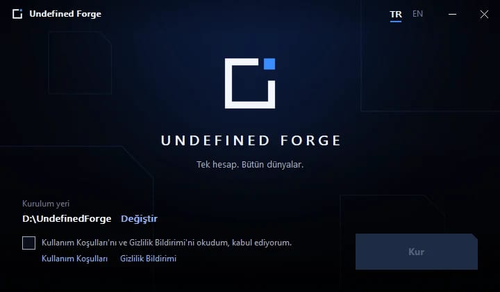 Undefined Forge kurulum penceresi: kurulum yeri ve Kur düğmesi